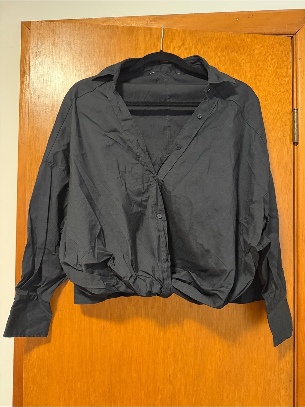 Zara Black Gather-Front Cropped Dolman-Sleeve Button-Down Blouse